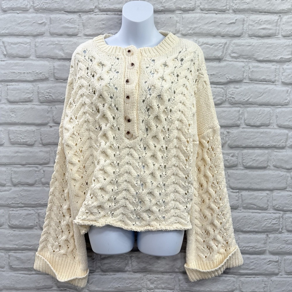 Boho Chunky Cable Knit Sweater Sz XL Hippie Peasant Oversized Bell Sleeves - New